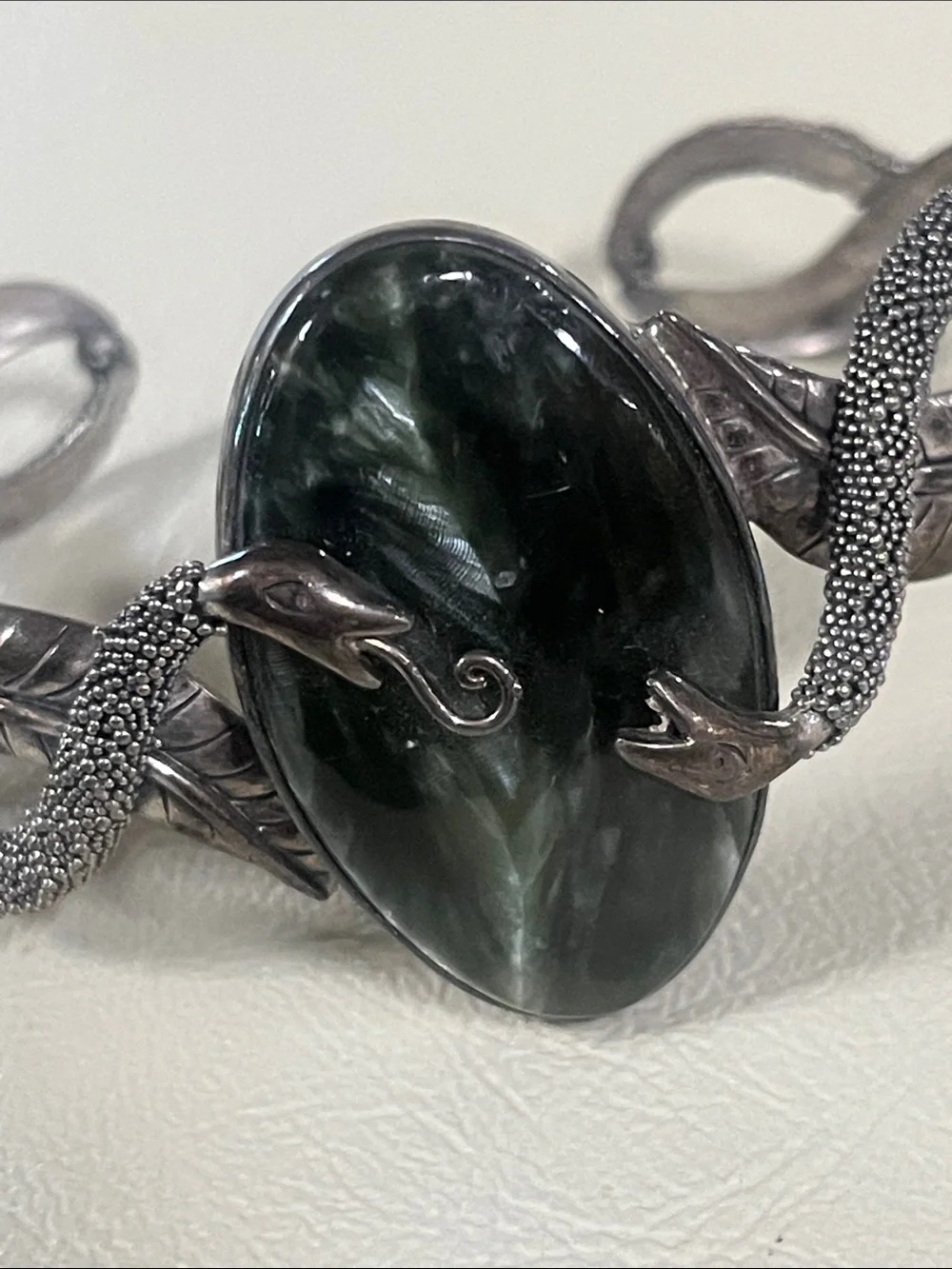Sajen 925 Silver Cuff Dual Snake Bracelet with Deep Green Oval Stone